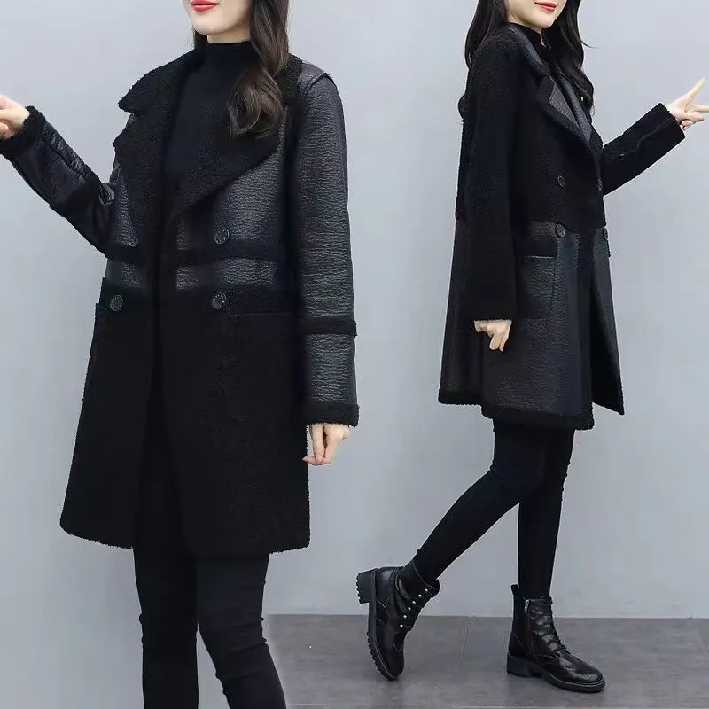New Arrivals Wind Breaker Women's Lamb Double Sided Wear Mid Length Jacket (Large, Black)